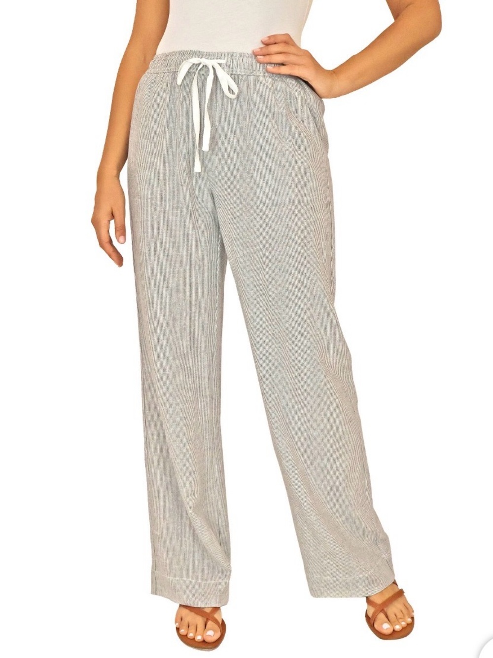 Briggs New York Gray and White Striped Women's Linen Blend Pant